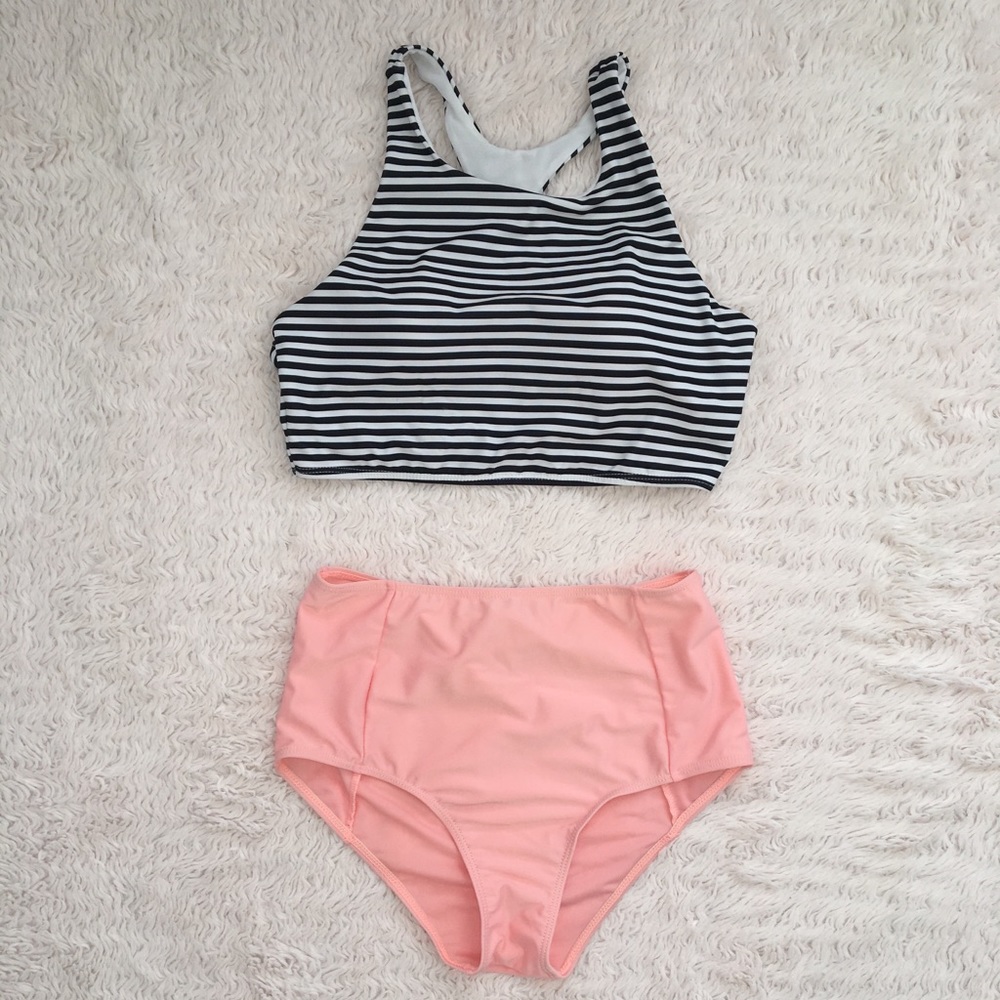 Cupshe High-Waisted Bikini Set, Striped/Pink